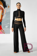 Black tango pants with mesh yoke. Women's straight leg dance trousers