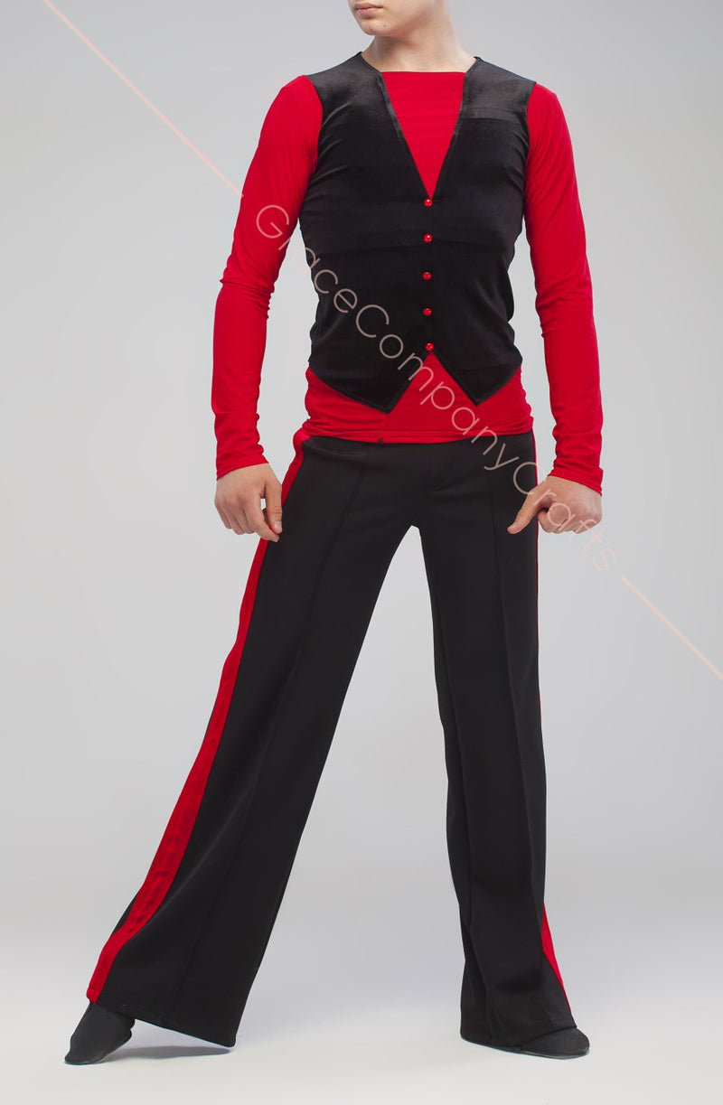 Trousers for men for ballroom dancing without pockets, without tucks with red stripes