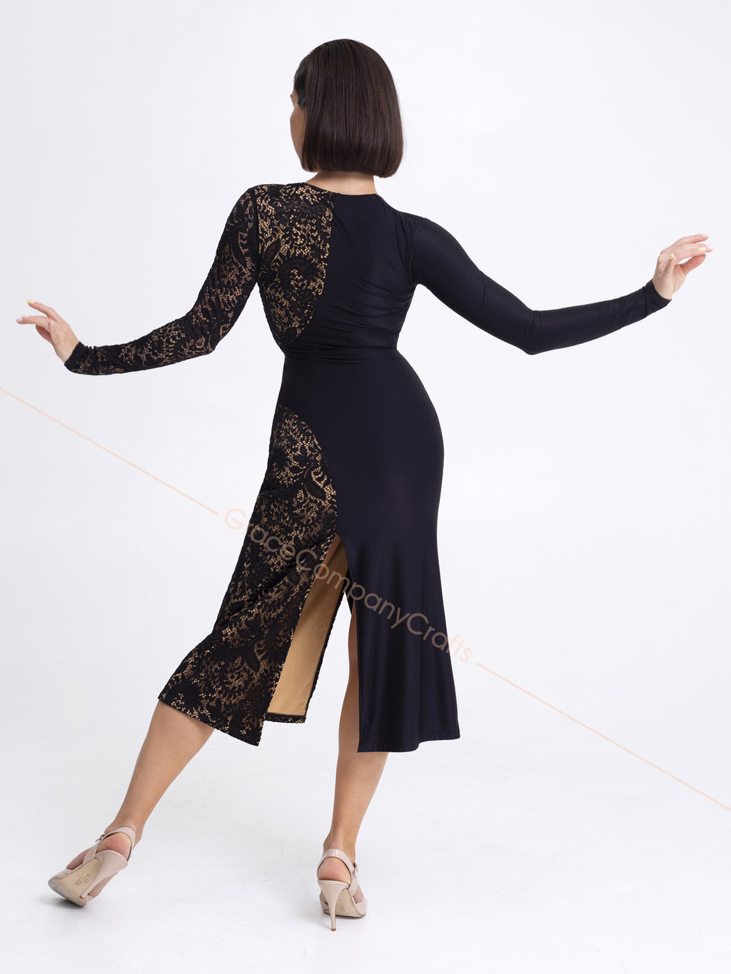 Elegant Black Lace Dress with Nude