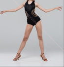 Black bodysuit with an open back with shoulder straps. Long fringe bodysuit