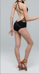 Black bodysuit with an open back with shoulder straps. Long fringe bodysuit